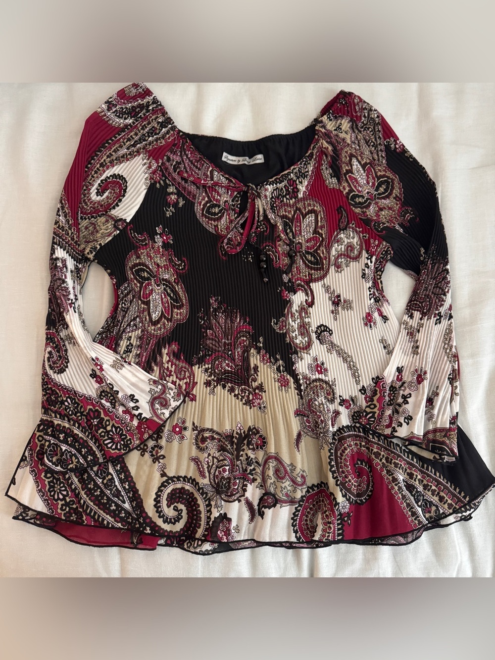 Signature by Larry Levine Burgundy Black Cream Paisley Pleated Blouse